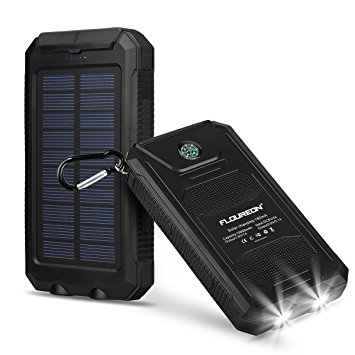 FLOUREON 10000mAh Solar Charger Power Bank Waterproof Portable External Battery Backup with Dual USB for Android iPad iPhone Cellphones, 2 LED Flashlight with Compass for Emergency(Black)