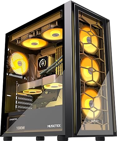 MUSETEX ATX PC Case 6 PWM ARGB Fans Pre-Installed, Mid Tower Gaming PC Case, Computer Case with Double Tempered Glass, USB 3.0 x 2, Black, G07