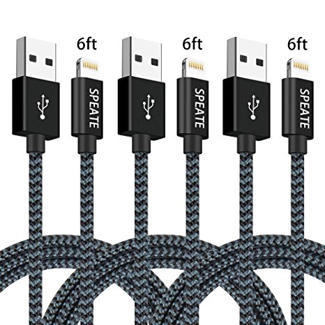 SPEATE iphone Charger 3Pack 6FT/2M Nylon Braided Lightning USB Cable Cord Charger Compatible with iPhone 7 7 Plus 6 6s 6 plus, iPhone 5 5s,iPad, iPod (3pcs 6ft black cyan)