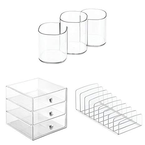 InterDesign 3-Piece Bathroom Vanity & Countertop Organizer Set: Clarity Cosmetic Trio Cup, Palette Holder, 3-Drawer Storage for Makeup & Accessories – Clear/Chrome