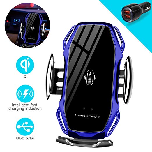 Wireless Charger Car Touch Sensing Automatic Retractable Clip Fast Charging Compatible for iPhone Xs Max/XR/X/8/8Plus Samsung S9/S8/Note 8 (Blue)