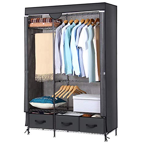 Lifewit Closet Organizer Wardrobe Closet Portable Closet Shelves with Adjustable Legs, Closet Storage Organizer with Non-Woven Fabric Clothes Cover and 3 Drawers (47.2 × 17.7 × 70.9)