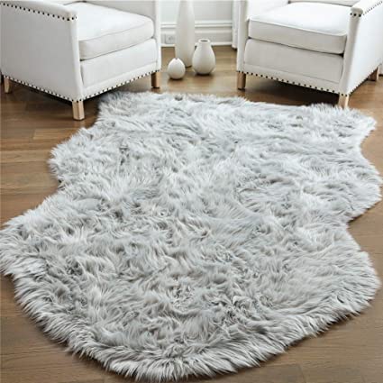 Gorilla Grip Original Premium Faux Sheepskin Fur Area Rug, 2x4, Softest, Luxurious Shag Carpet Rugs for Bedroom, Living Room, Luxury Bed Side Plush Carpets, Sheepskin, Light Gray