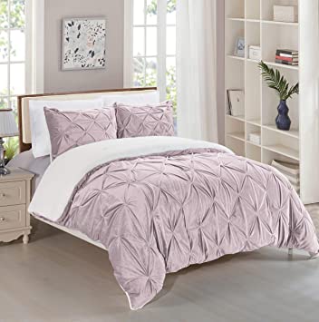 Elegant Comfort Softest, Coziest Micromink Pintuck & Pinch Pleated Sherpa Comforter Set, Premium Down Alternative Micro-Suede 3-Piece Reversible Comforter Set, Full/Queen, Dusty Rose