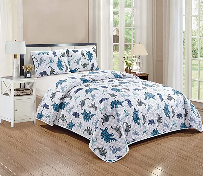 3pc Full/Queen Quilted Bedspread for Boys/Teens Dinosaurs Blue Navy Blue Black White Dino Kingdom New