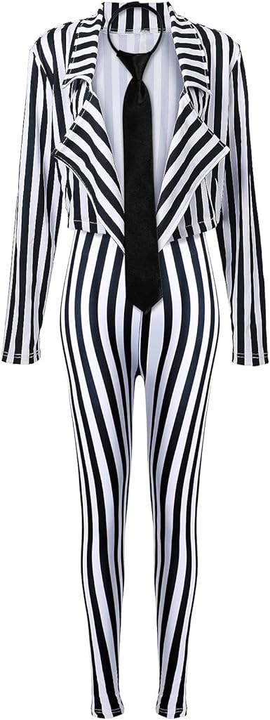 Women's Black White Vertical Striped Kit Include Blazer Length Pant with Tie