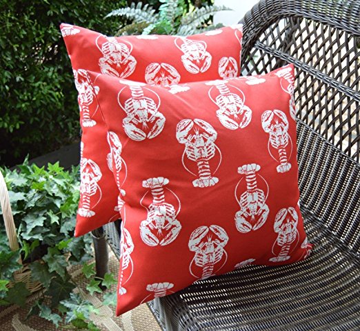 Set of 2 Indoor / Outdoor 20" Decorative Throw Pillows - Coastal / Beach / Nautical Red & White Lobster Print