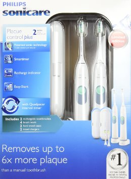 Philips Sonicare Plaque Control Plus Rechargeable Toothbrush HX625481 Twin Pack 2 Rechargeable Toothbrushes 4 Brush Heads 2 travel cases and 2 Chargers