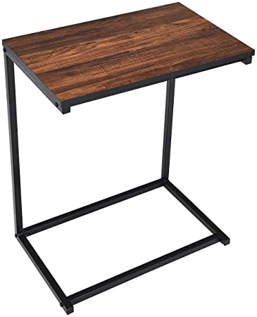 COSTWAY Industrial Side Table, Metal Frame Rustic Coffee Snack Table Laptop Desk, Home Office C-Shaped End Table for Living Room Bedroom Balcony (Brown)