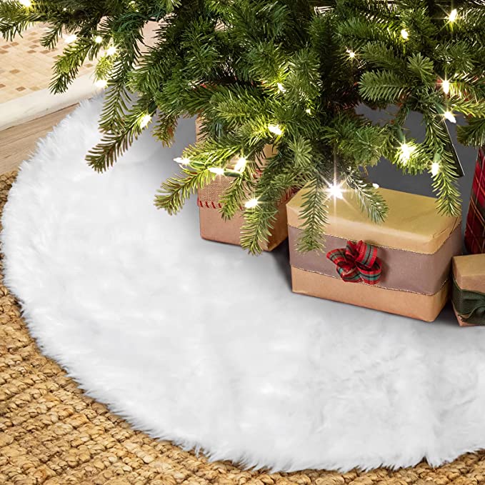 OurWarm Christmas Tree Skirt 36 Inch White Faux Fur Tree Skirt Soft Xmas Tree Skirts for Holiday Winter Christmas Decorations