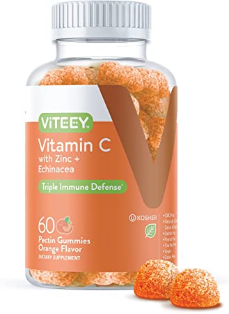 Vitamin C Gummies Plus Zinc & Echinacea [3 in 1 Immune Support Booster] Herbal Dietary Supplements, Vegan, Plant Based Pectin - Good for Adults Teens & Kids - Orange Flavor Gummy [60 Count 1-Pack]