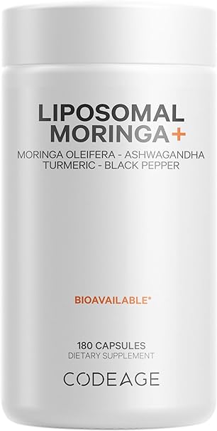 Codeage Liposomal Moringa  Supplement, 400mg Moringa 50:1 Extract (20,000mg Moringa Oleifera Leaf Equivalent), Turmeric, Ashwagandha, Black Pepper, 3-Month Supply, Vegan Moringa Powder - 180 Capsules