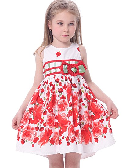 Bonny Billy Girls' Round Neck Sleeveless Floral Printed Cotton Dress with Sash