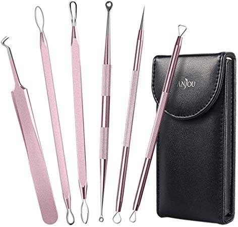 Anjou Blackhead Remover Comedone Extractor, Curved Blackhead Tweezers Kit, 6-in-1 Professional Stainless Pimple Acne Blemish Removal Tools Set, Rosegold