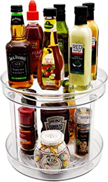 2 Tier Large Lazy Susan RotatingTurntable Container for Kitchen, Pantry, Cabinet, Dresser - Clear Food Storage Tray Spinning Organizer for Condiments, Spices, Tins, Snacks (11")