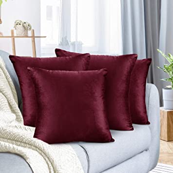 Nestl Throw Pillow Covers, Cozy Velvet Decorative Burgundy Red Pillow Covers 20 x 20 Inches, Soft Solid Couch Pillow Covers for Sofa, Bed and Car, Set of 4