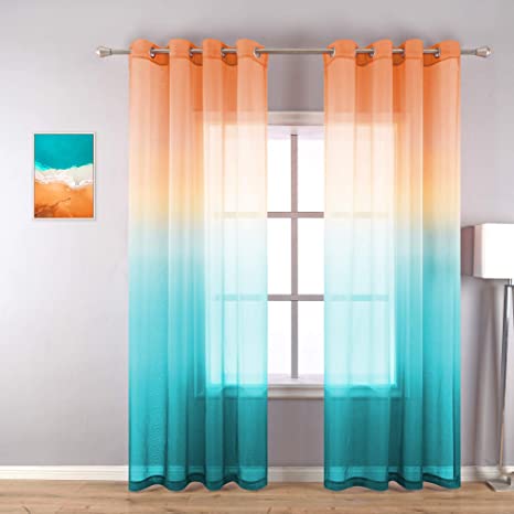 Ombre Design Curtains 84 Inch Length for Living Room Set 2 Panels Grommet Window Unique Hawaii Scenic Sunset Bright Sheer Drapes Print Calming Curtains for Bedroom Spring Burnt Orange Yellow Green