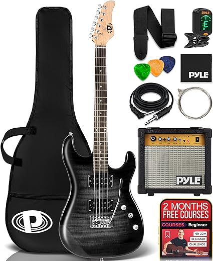 Pyle Electric Guitar Kit with Amp, Full Size Instrument with Humbucker Pickups, Guitarra Electrica Amplifier and Beginner Bundle Accessories, 39" Black