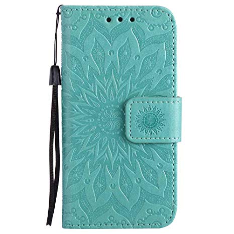 iPhone SE / iPhone 5S / iPhone 5 Case, Dfly Premium Soft PU Leather Embossed Mandala Design Kickstand Card Holder Slot Slim Flip Protective Wallet Cover for iPhone SE / 5S / 5 , Green