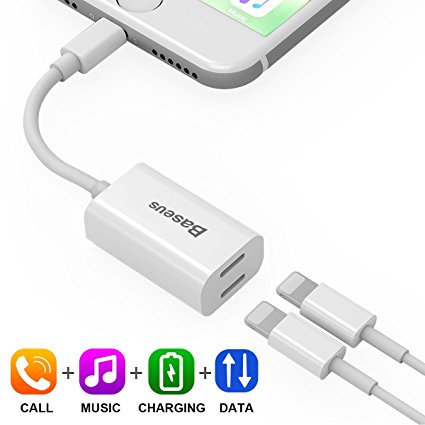 Dual Lightning Adapter Splitter for iPhone 7/7 Plus,Baseus Lightning to Double Lightning Headphone Charge Adapter,Support Call&Music Charger &Sync Data for IOS 10.3 Devices(White)