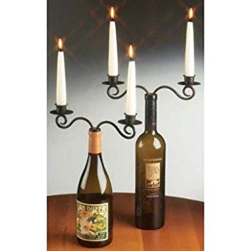 Double Wine Bottle Stopper Candelabra, Candle Holder for Two 1" Diameter Pillar Candles, Metal with Bronze Finish (SET OF 2 - FOR 4 CANDLES TOTAL)