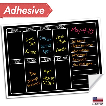 Dry Erase Chalkboard Wall Calendar - 17" x 13" - Refrigerator Home & Kitchen Sticker Menu Board - Non Magnetic Reusable Chalk Board Vinyl Decal - Black Fluorescent Custom Weekly Calendar Planner