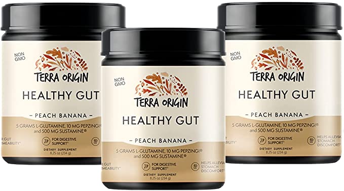 Terra Origin Healthy Gut Powder Peach Banana- 90 Servings (Three, 30-Serving tubs). Supports intestinal Permeability, IBS, Bloating, Gas and Constipation*