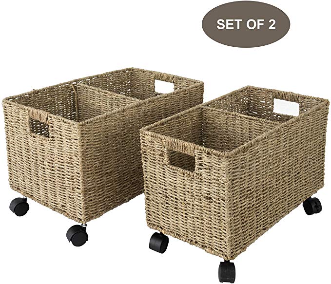 Made Terra Set 2 of Seagrass and Water Hyacinth Storage Baskets on Wheels | Straw Wire Woven Wicker Baskets for Kitchen, Pantry, Home Organization and Decor (Seagrass)
