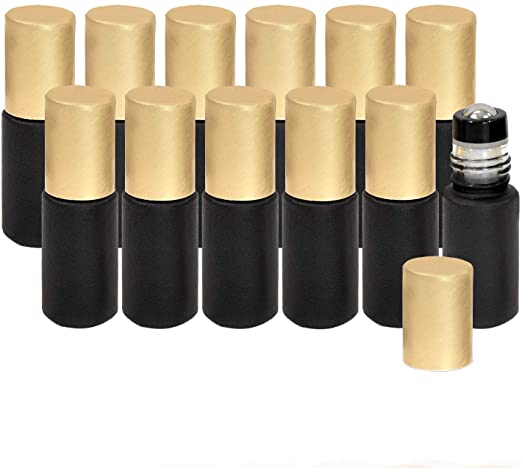 Holistic Oils 5ml Black Roller Bottles for Essential Oils – Leakproof Rollers – Thick Black Glass with Brush Gold Lid, Stainless Steel Roller Ball Insert – Pack of 12, Sold