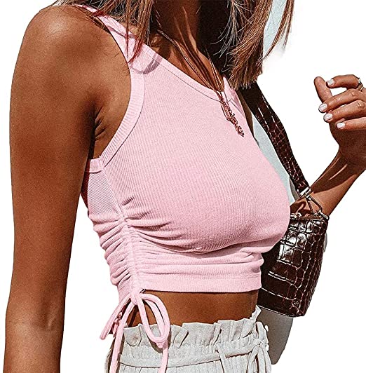 Trendy Queen Women’s Sleeveless Shirt Crew Neck Solid Color Drawstring Tank Ribbed Crop Top