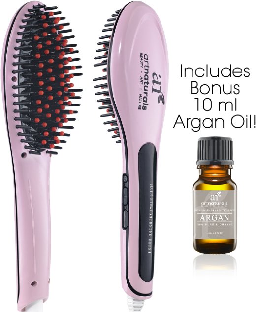 Art Naturals Hair Straightener Brush With Bonus Argan Oil 10ml - Best Ceramic Anti Static Electric Heating Detangling Hair Brush 2016 EditionI