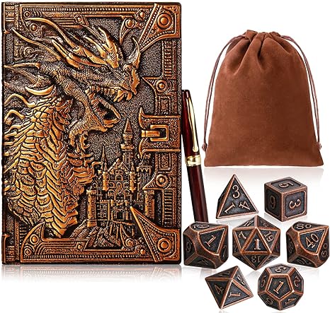 Outus 10 Pieces Antique Copper Gift Set Include 1 Dragon Journal Notebook Embossed Leather Journal 1 Wooden Pen 7 Metal Dice 1 Drawstring Dice Bag for Writing Women Men Table Games