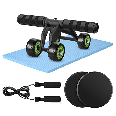 Odoland 4-in-1 AB Wheel Roller Set with Gliding Discs Jump Rope Knee Pad, Abdominal Exercise Equipment for Core Workouts