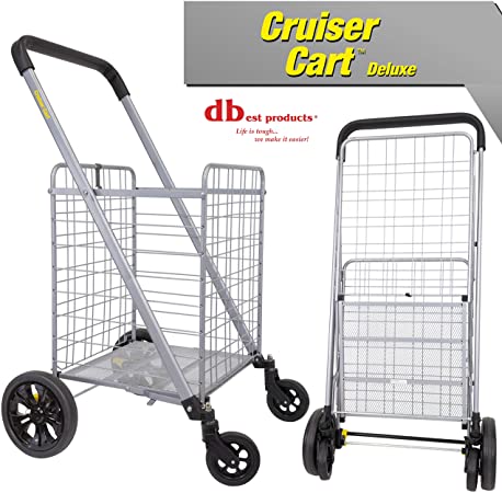 dbest products Cruiser Cart Deluxe Shopping Grocery Rolling Folding Laundry Basket on Wheels Foldable Utility Trolley Compact Lightweight Collapsible, Silver