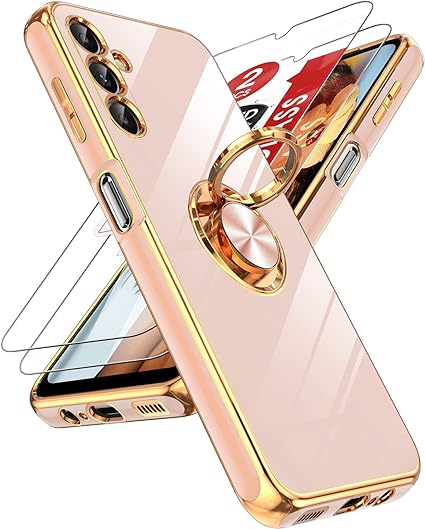 LeYi for Samsung Galaxy A14 5G Case with Tempered Glass Screen Protector [2 Pack] 360° Rotatable Ring Holder Magnetic Kickstand, Plating Rose Gold Edge Protective Case, Pink