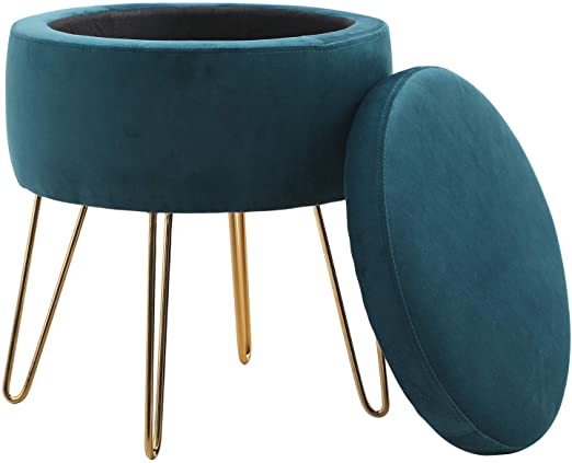 Sophia & William Round Storage Ottoman Footrest Stool with Removable Lid Side Table Seat Padded Velvet with Gold Metal Legs Upholstered for Living Room, Bedroom Kids Room-Teal