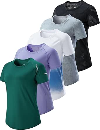 5 Pack: Womens Dry Fit Workout Shirts, Short Sleeve Athletic Gym Tshirts, Ladies Active Long Tees Bulk