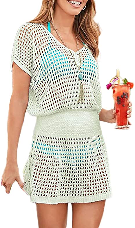 Bsubseach Women Crochet Hollow Out Swim Cover Ups Short Sleeve Beach Swimwear Tunic Dress