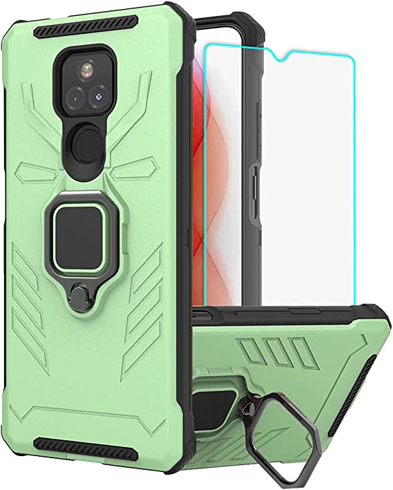 Yiakeng for Moto G Play Case, Moto G Play 2021 Cases with HD Screen Protector, Military Grade Protection Shockproof Cover Case with Ring Kickstand for Moto G Play 2021 (Light Green)