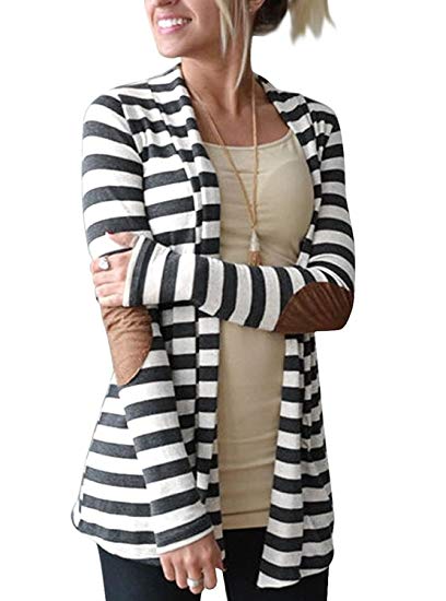 Myobe Women's Black White Elbow Patch Shawl Collar Striped Open Front Cardigan Sweaters Coat Outwear