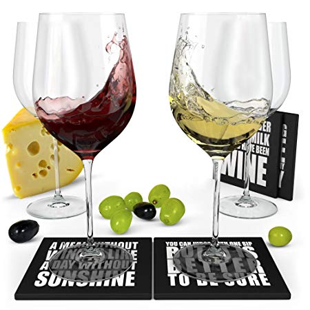 Wine Science Set of 4 Crystal Wine Glasses with 4 Coasters - Hand Blown Premium Crystal Glassware 19 oz