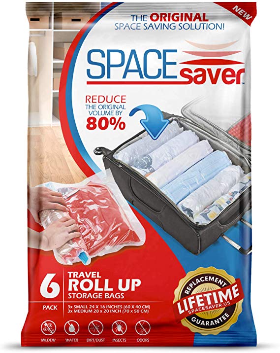 Spacesaver 6 x Premium Travel Roll Up Compression Storage Bags for Suitcases - No Vacuum Needed - (3 x Small, 3 x Medium) 80% More Storage Than Leading Brands! (Travel 6 Pack)