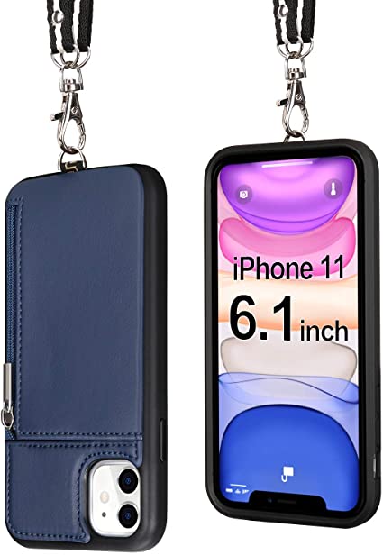 Labato iPhone 11 Leather Necklace Lanyard Strap Case with Card Holder, iPhone 11 Leather Wallet Case with Strap Zipper Shockproof Travel Case for Apple iPhone 11 6.1 inches Blue