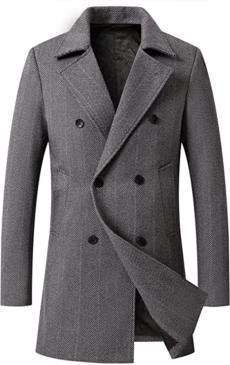 PRIJOUHE Mens Woolen Trench Coat Pea Coat Double Breasted Regular Fit Wool Blend coat Business Overcoat