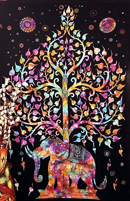 Popular Handicrafts Tree of Life Psychedelic Wall Hanging Elephant Tapestry, Multi tye dye 54"x82"