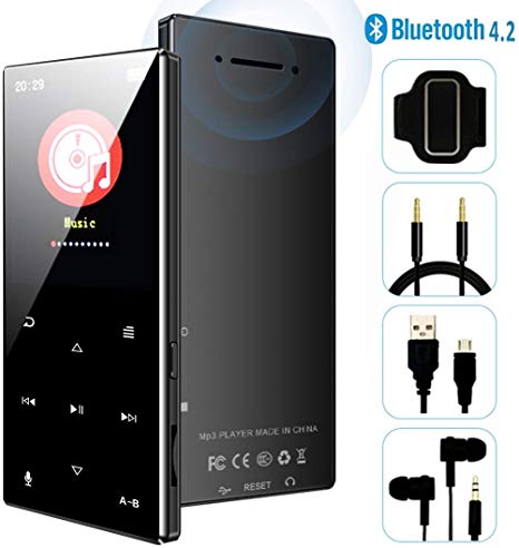 MP3 Player - 2019 October Updated Model, Bluetooth 4.2 Metal Touch Button Sports Music Player, 65 Hours Playback, Build in Speaker, Voice Recorder FM Radio, Expandable 128GB TF Card, N29-Black