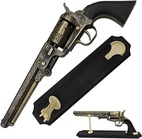 MASTER USA BladesUSA - Decorative Western Revolver with Display Stand - 13-inches Overall, Western Style Navy Revolver with Ornate Engravings on Body - SMB-110BK - Decorative, Collectible, Cosplay