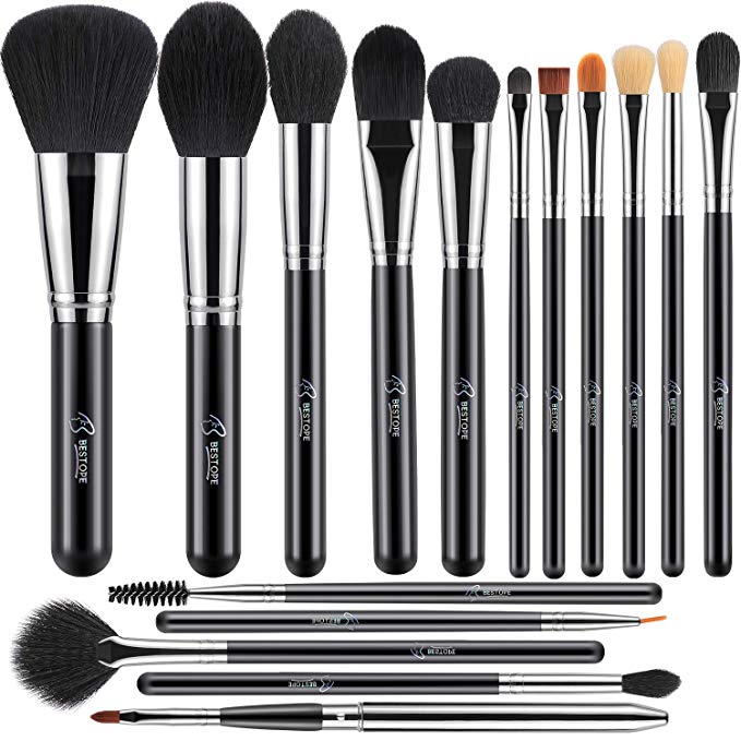 BESTOPE 16 Pcs Makeup Brushes Shiny Holographic Logo Contour Make up Brushes Foundation Powder Liquid Cream Concealers Eyeshadows Blush Makeup Blending Brushes Lip Eyeliner Brushes