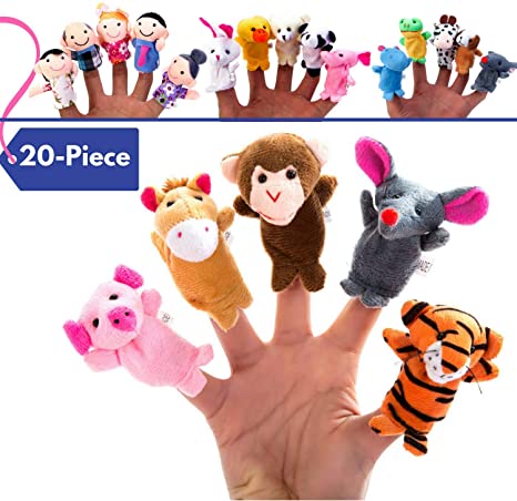 20-Piece Story Time Finger Puppets Set - Cloth Velvet Puppets - 14 Animals and 6 People Family Members
