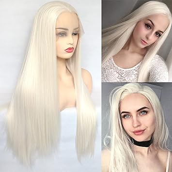BLUPLE Long Straight Lace Front Wigs #60 Platinum Blonde Natural Heat Resistant Synthetic Hair Half Hand Tied Wigs for Cosplay Daily Wear (22 inches, Straight,Platinum Blonde)